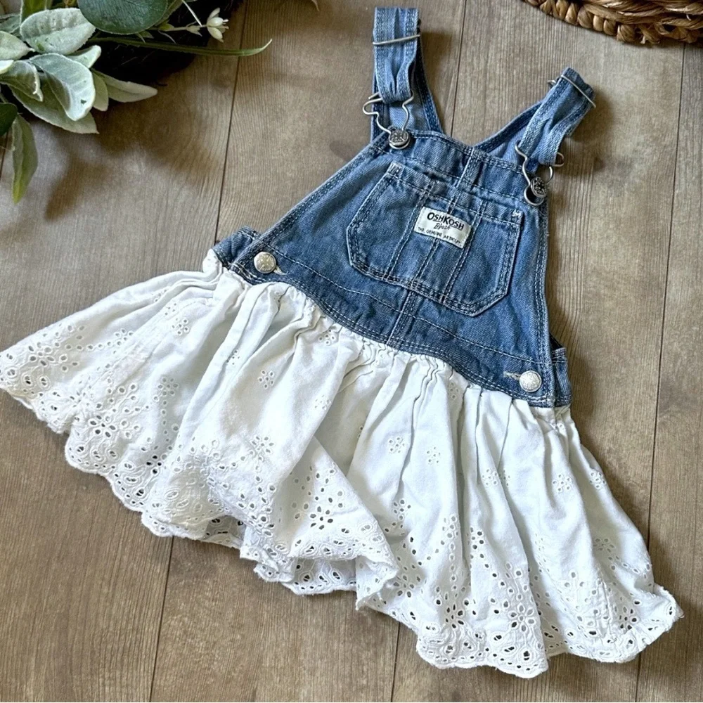 OshKosh B'gosh Blue and White Denim Eyelet Overalls Jumper Dress 18m Girl